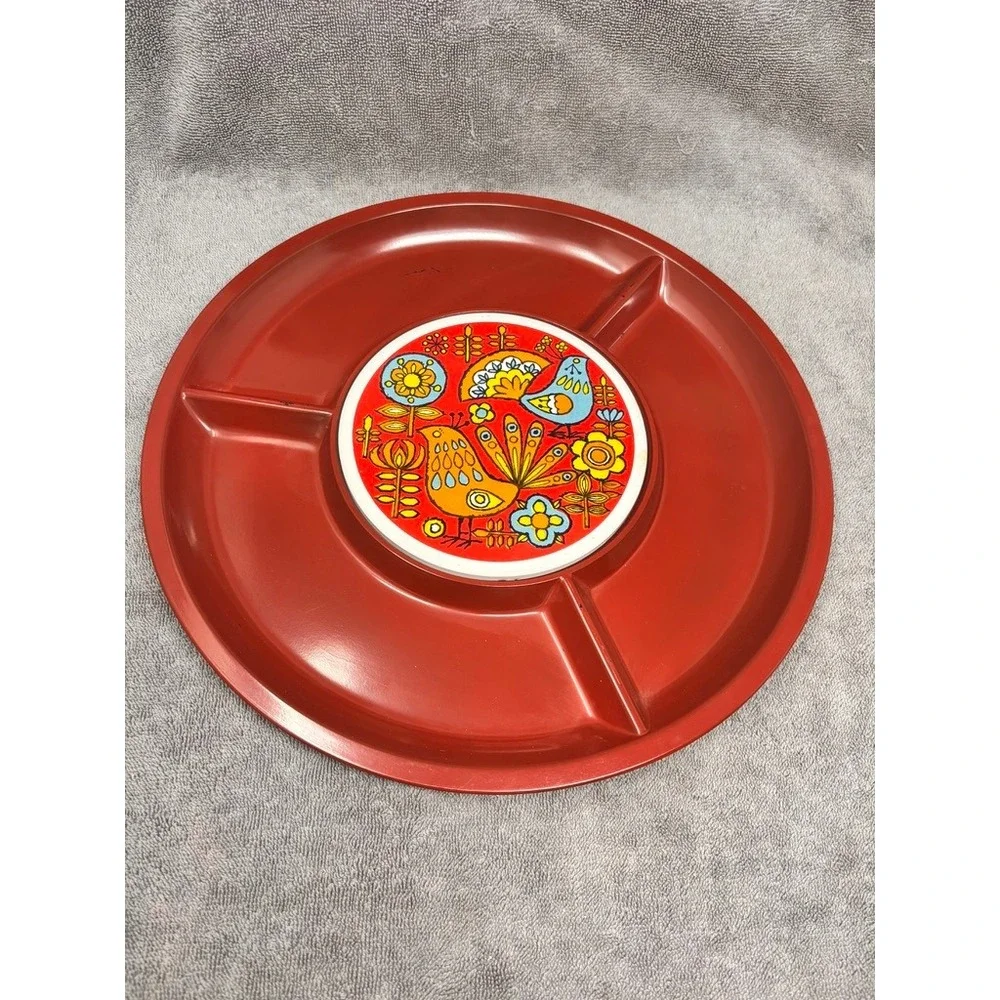 Vtg 1970s Red Melamine Divided Serving Tray Bird Floral Snack Relish Platter 13